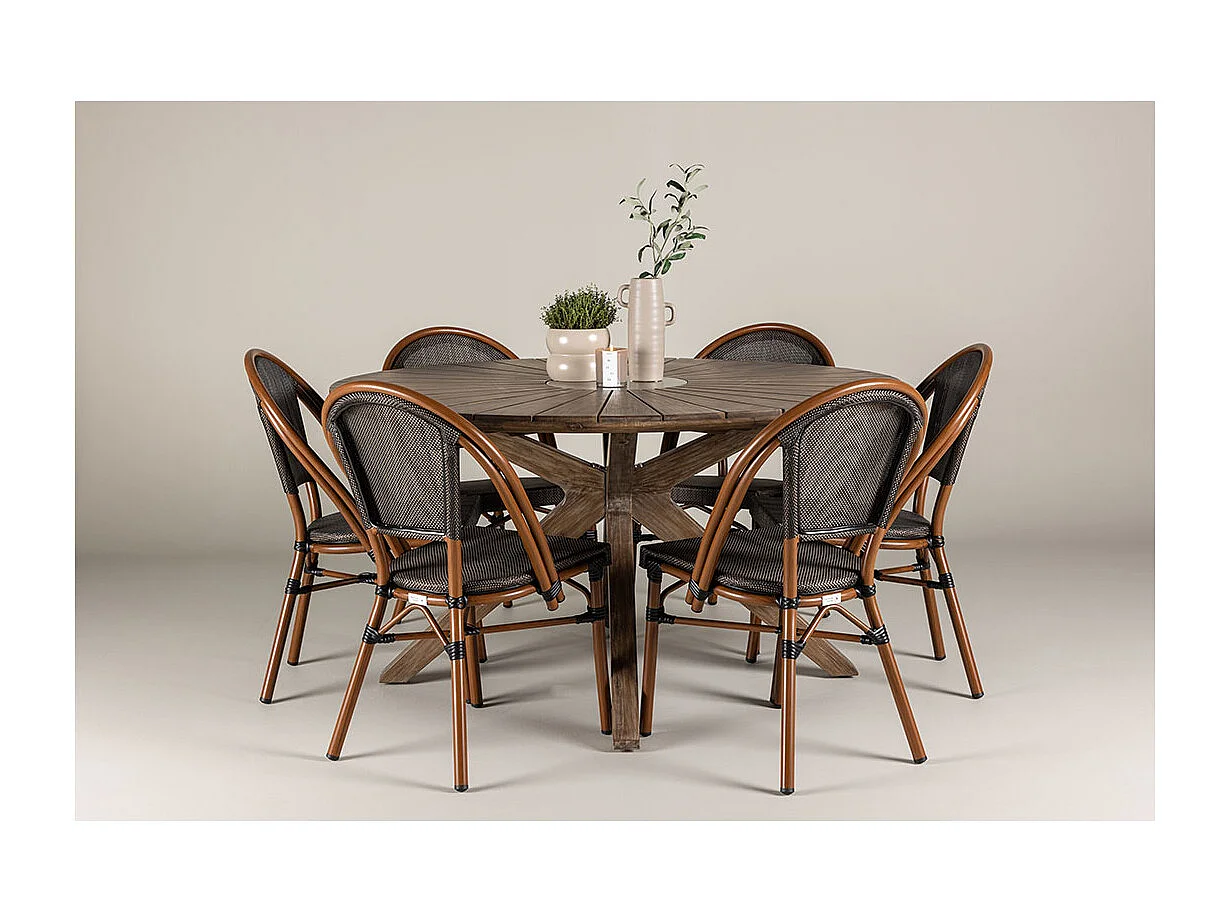 Rosario Gartenset Tisch Ø140cm braun, 6 Stühle schwarz.