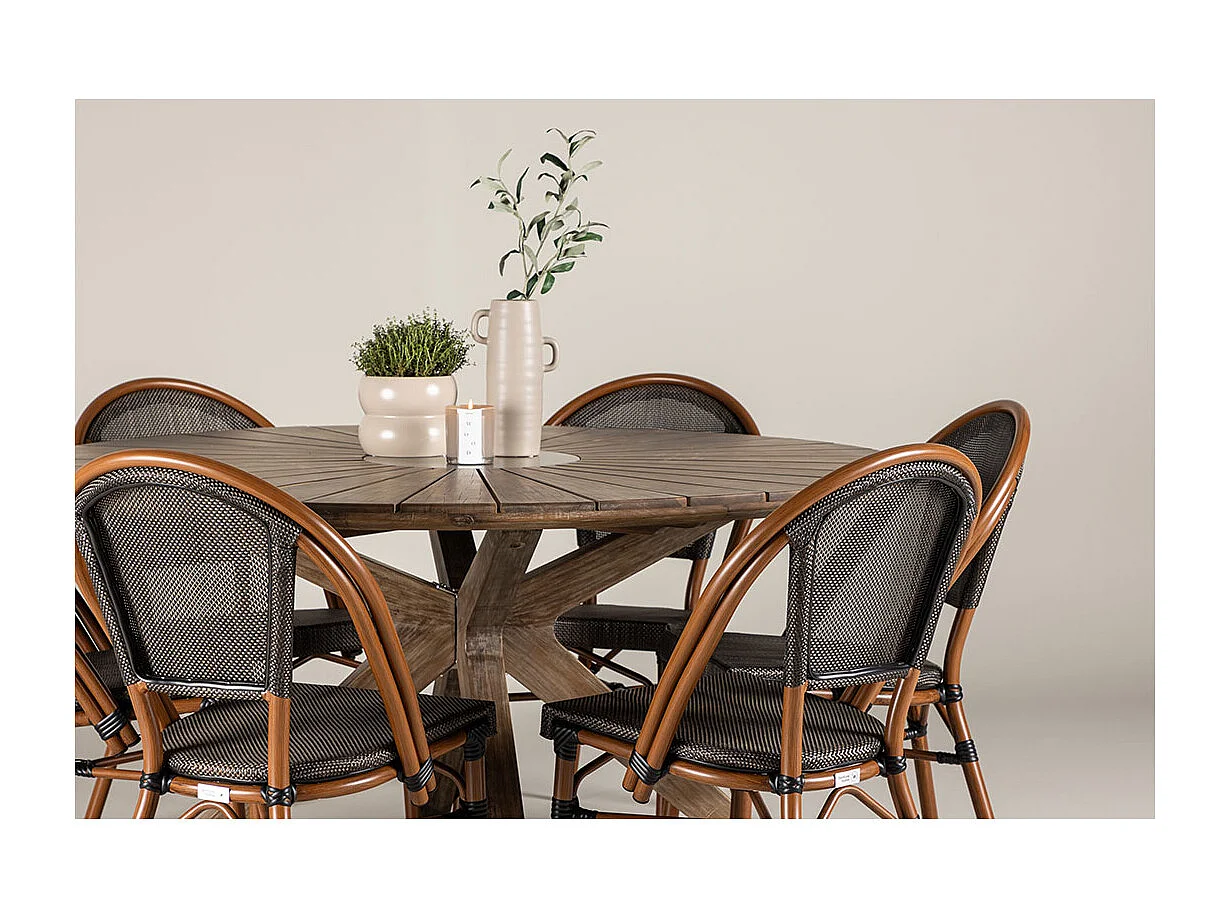 Rosario Gartenset Tisch Ø140cm braun, 6 Stühle schwarz.