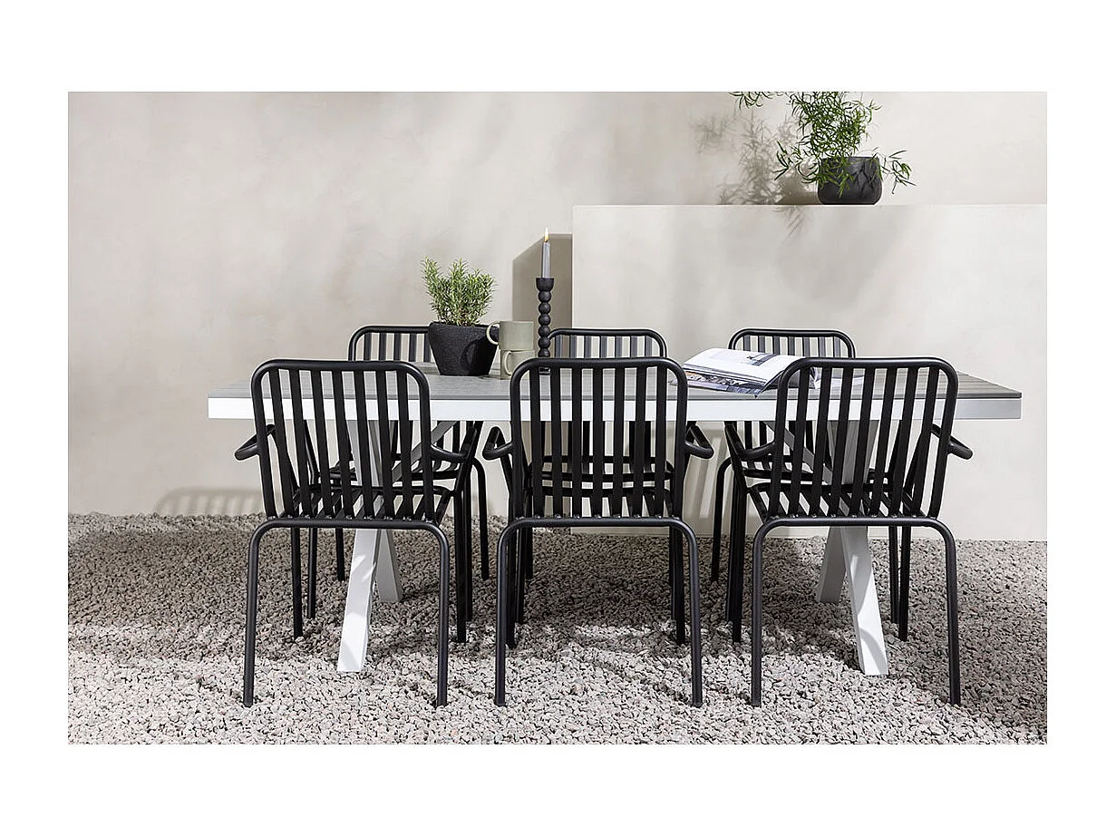 Garcia tuinmeubelset tafel 100x200cm grijs, 6 stoelen zwart.