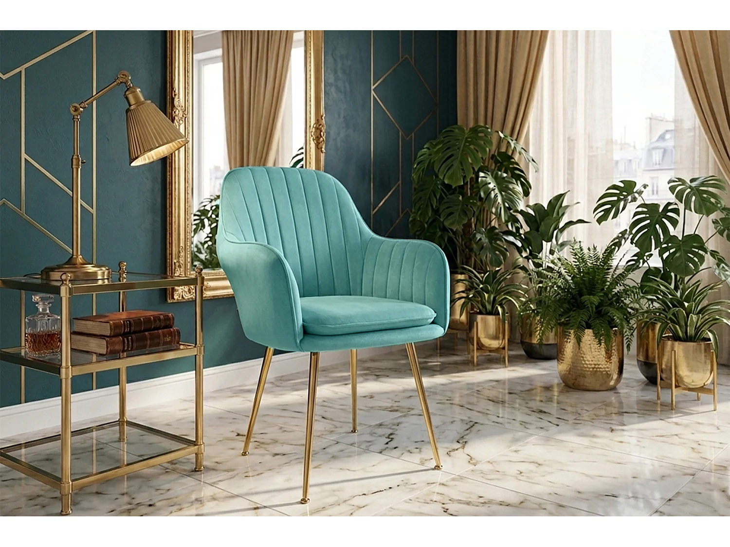 Sedia da pranzo in velluto verde tiffany poltroncina vintage mod. Celine
