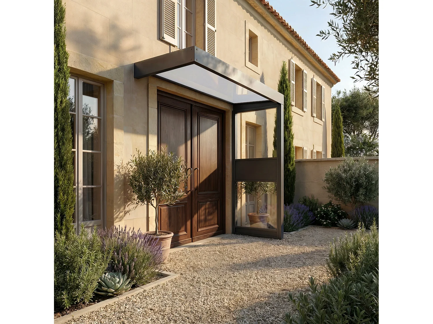 Canopia Marquise de porte Sophia 215 x 95 cm + paroi latérale \n  Gris Foncé -  Opale Blanc