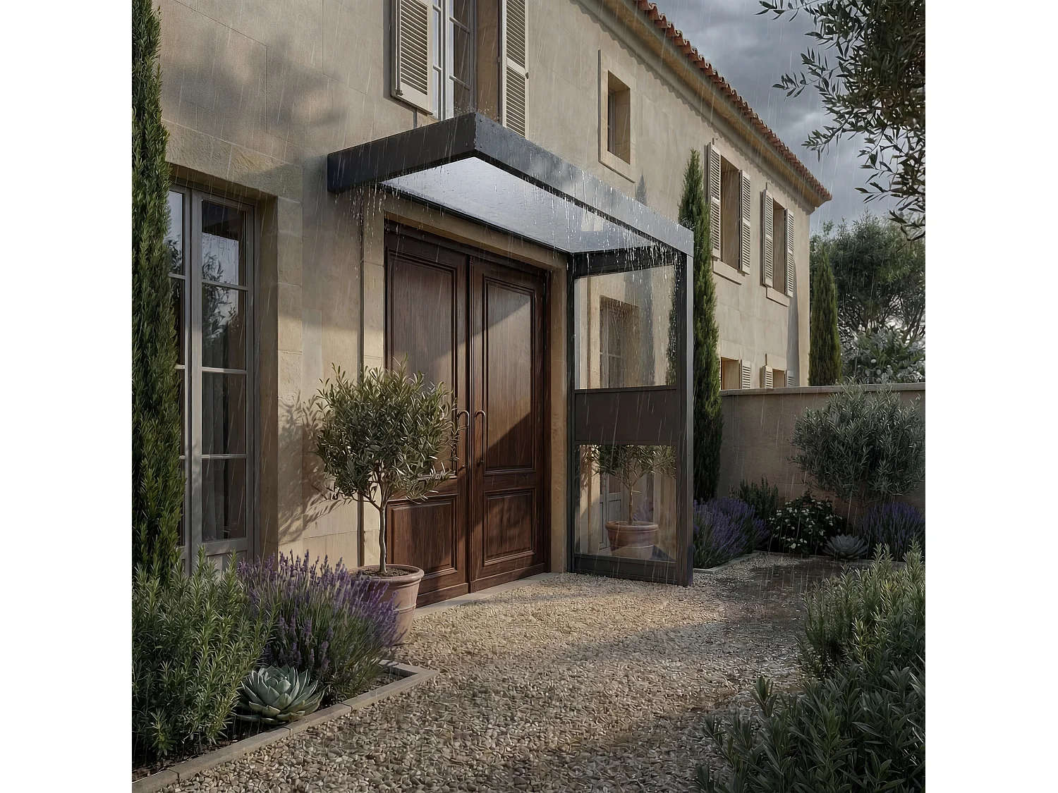 Canopia Marquise de porte Sophia 215 x 95 cm + paroi latérale \n  Gris Foncé -  Opale Blanc