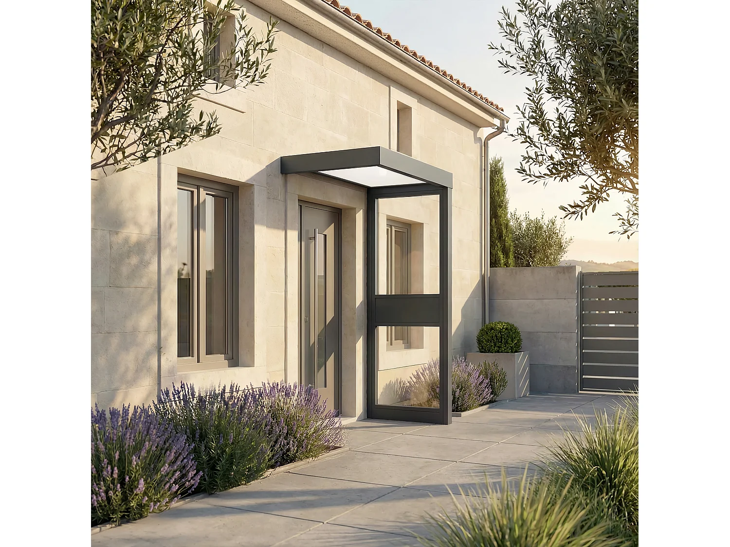 Canopia Marquise de porte Sophia 160 x 95 cm + paroi latérale \n Gris Foncé - Opale Blanc