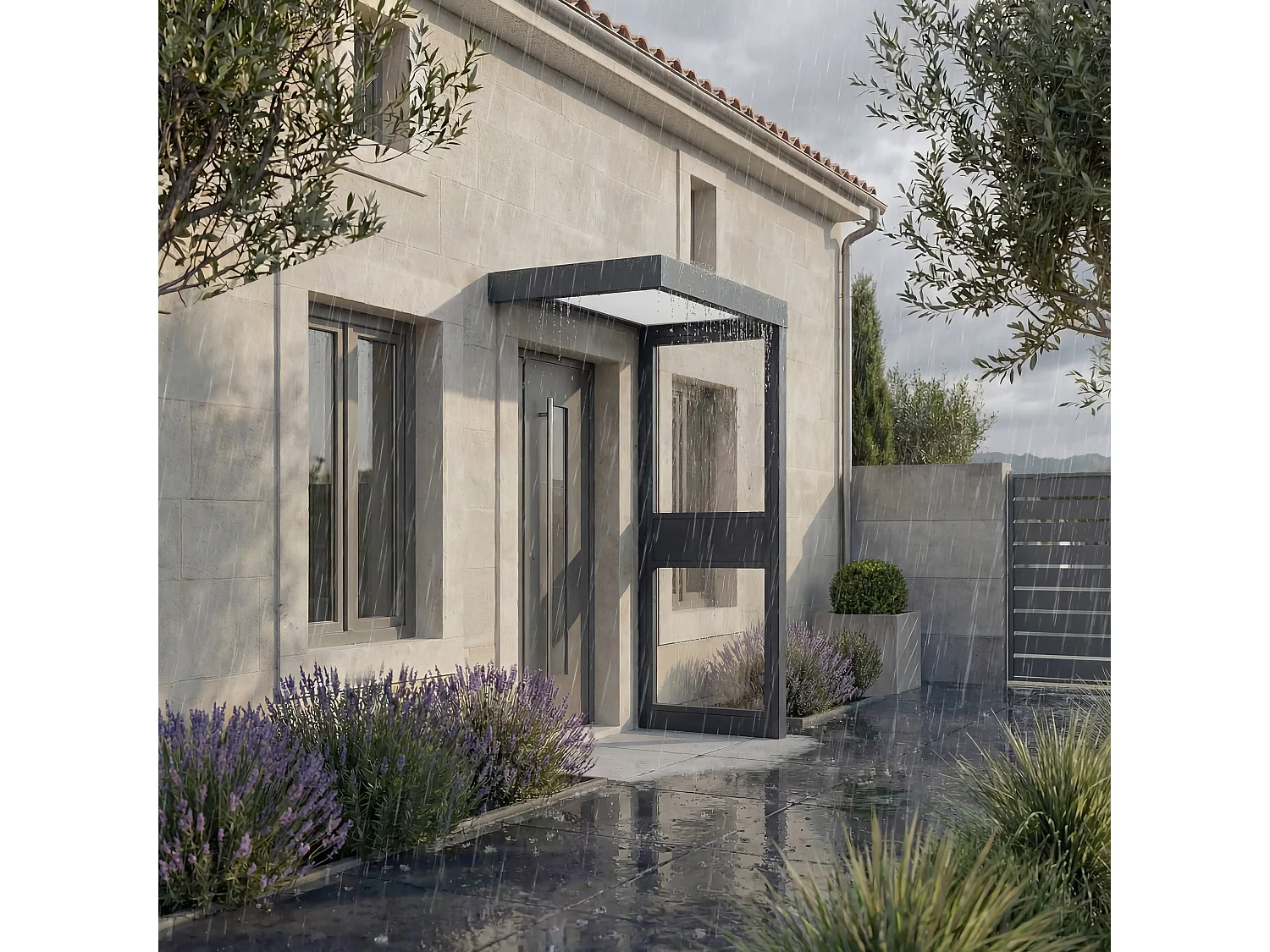Canopia Marquise de porte Sophia 160 x 95 cm + paroi latérale \n Gris Foncé - Opale Blanc