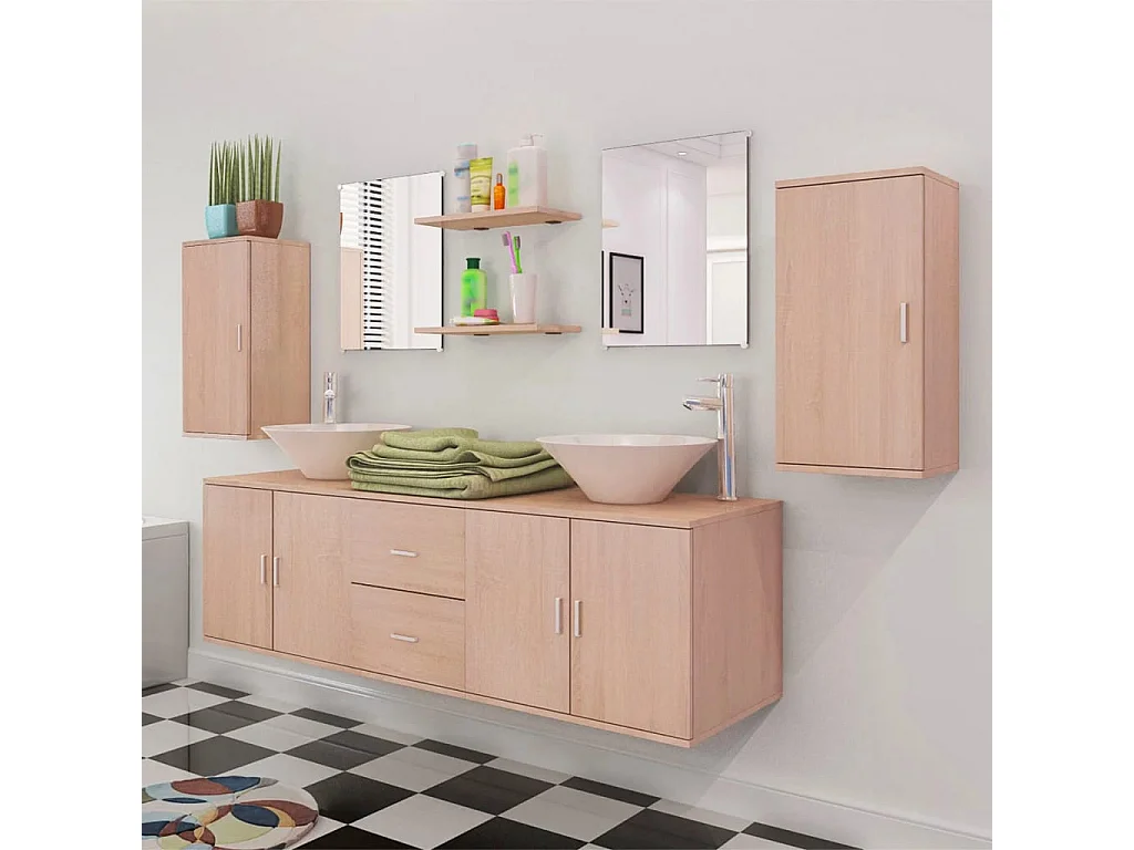 Meuble de salle de bain 11 pcs avec lavabo et robinet Beige