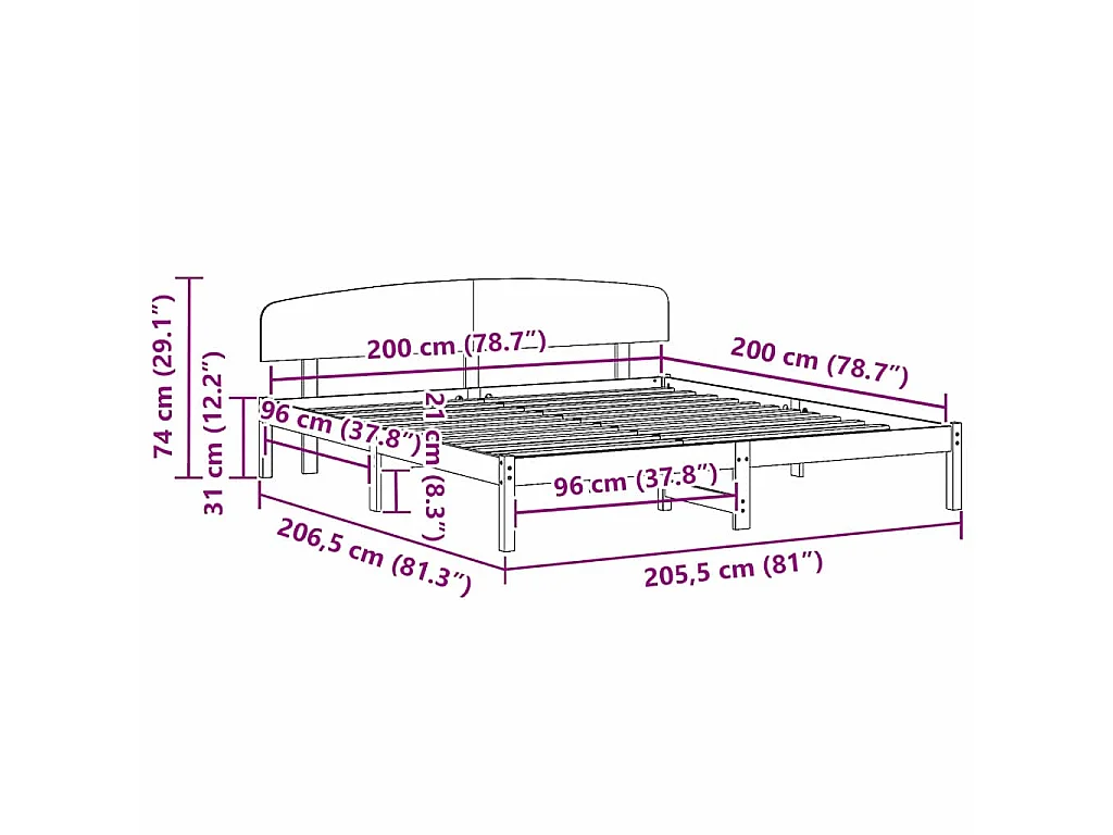 Cadre de lit avec tête de lit Naturel 200 x 200 cm pin massif