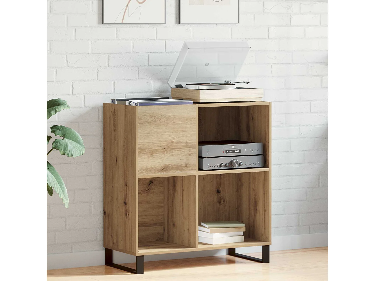 Meuble à vinyles avec étagère chêne artisanal 84,5 x 38 x 89 cm
