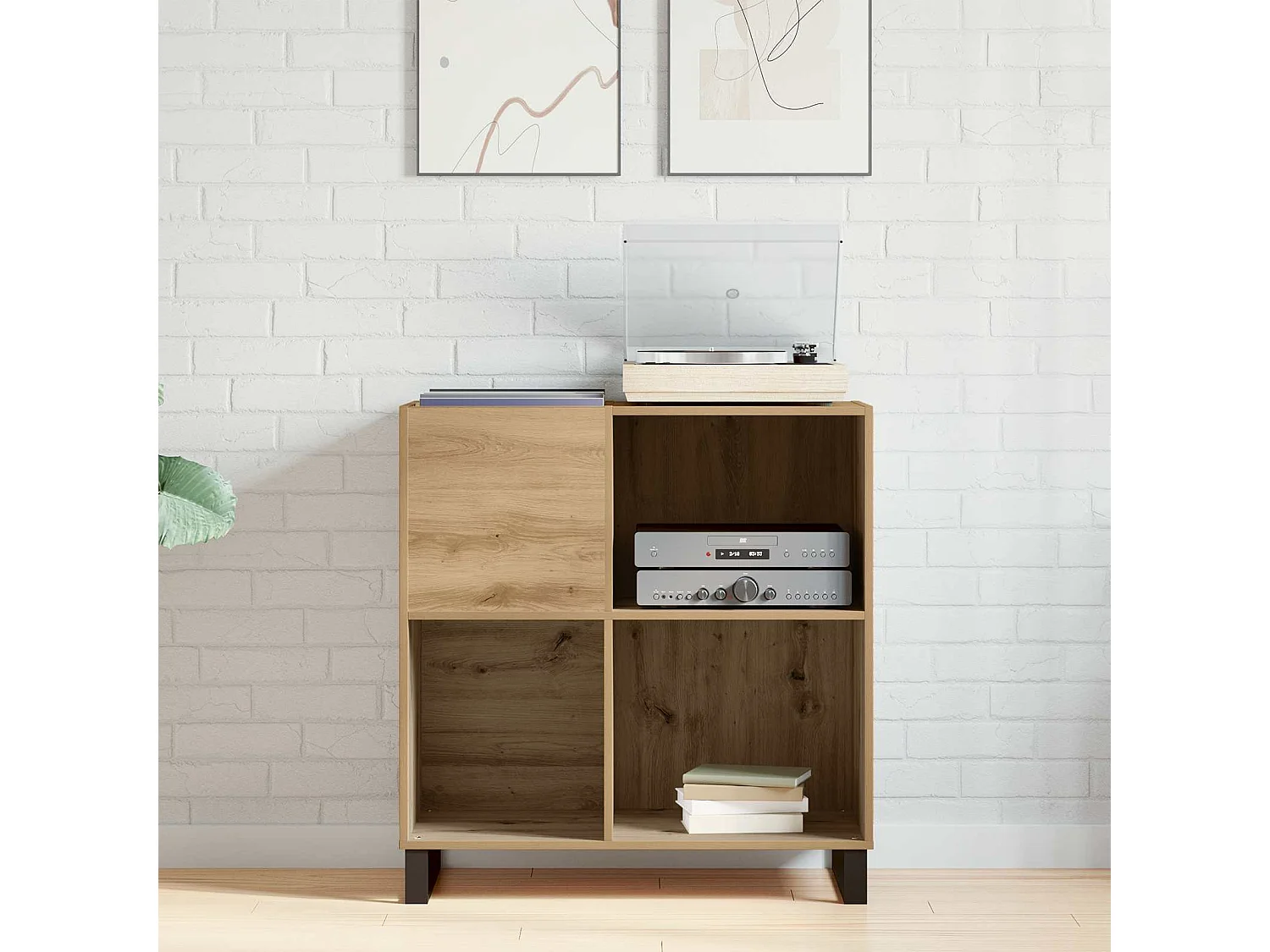 Meuble à vinyles chêne artisanal, pour le salon, 84,5 × 38 × 89 cm
