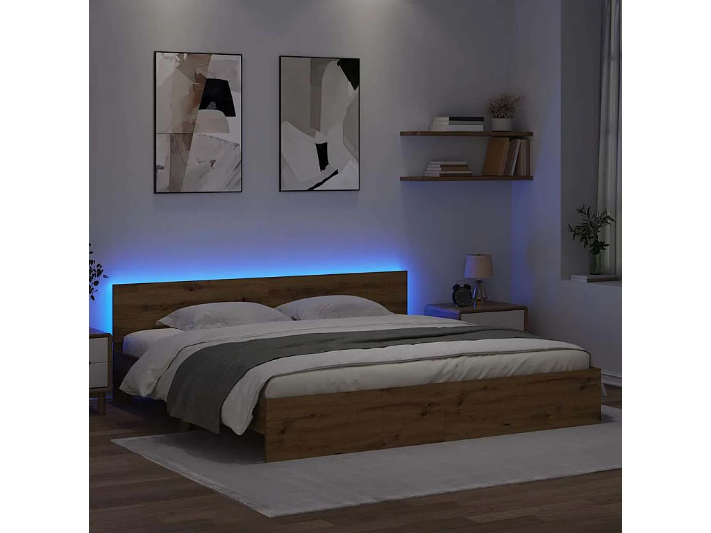 Estructura de cama con tiras LED roble artisan, 180 × 200 cm