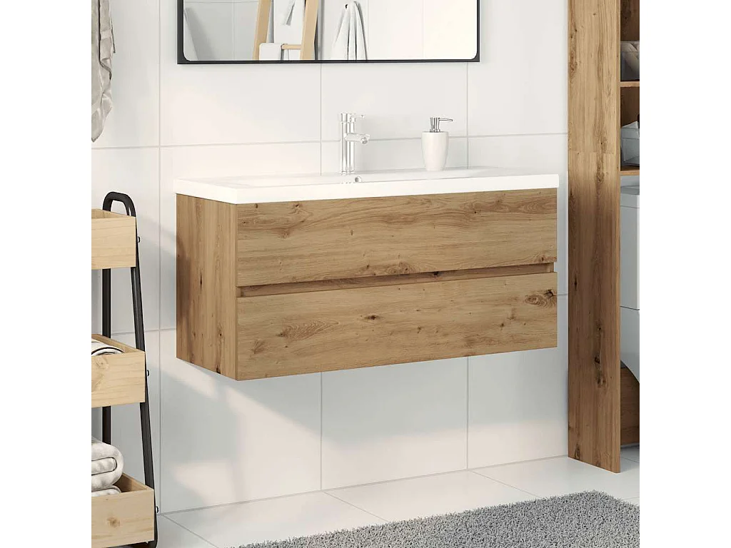 Meuble lavabo avec bassin et robinet intégrés chêne artisanal