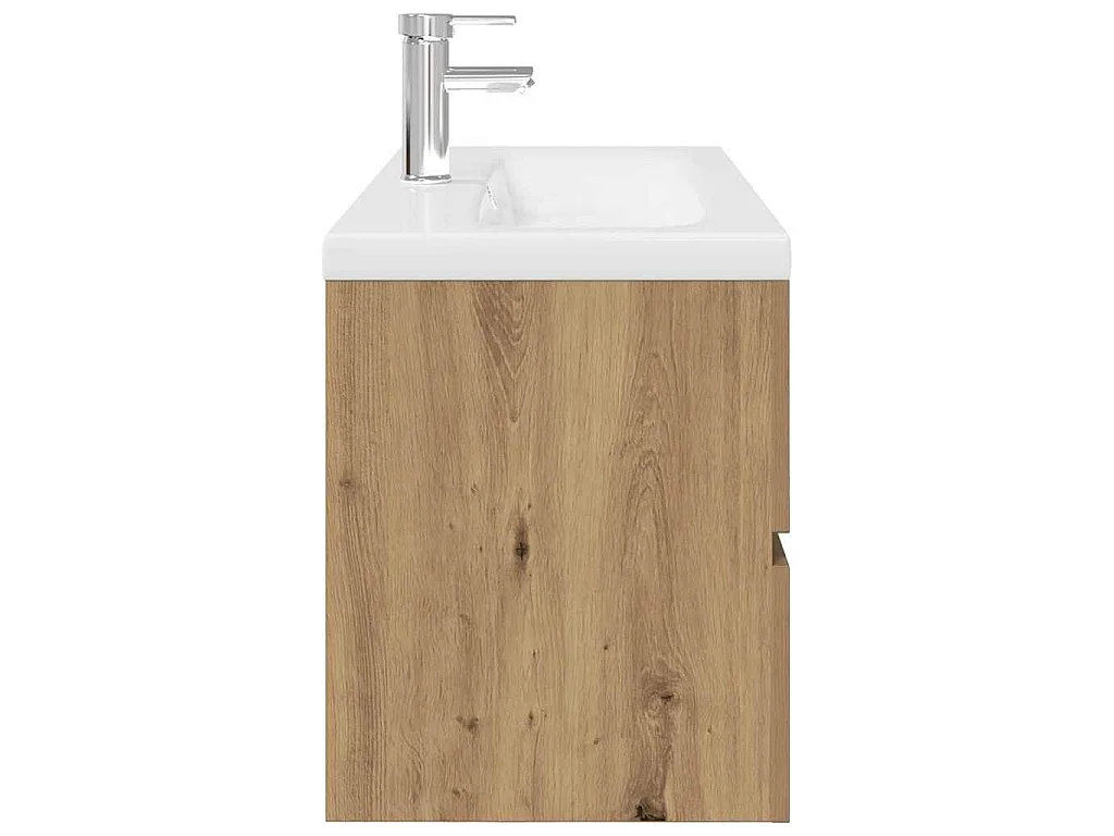Meuble sous vasque avec bassin et robinet intégrés, chêne artisanal