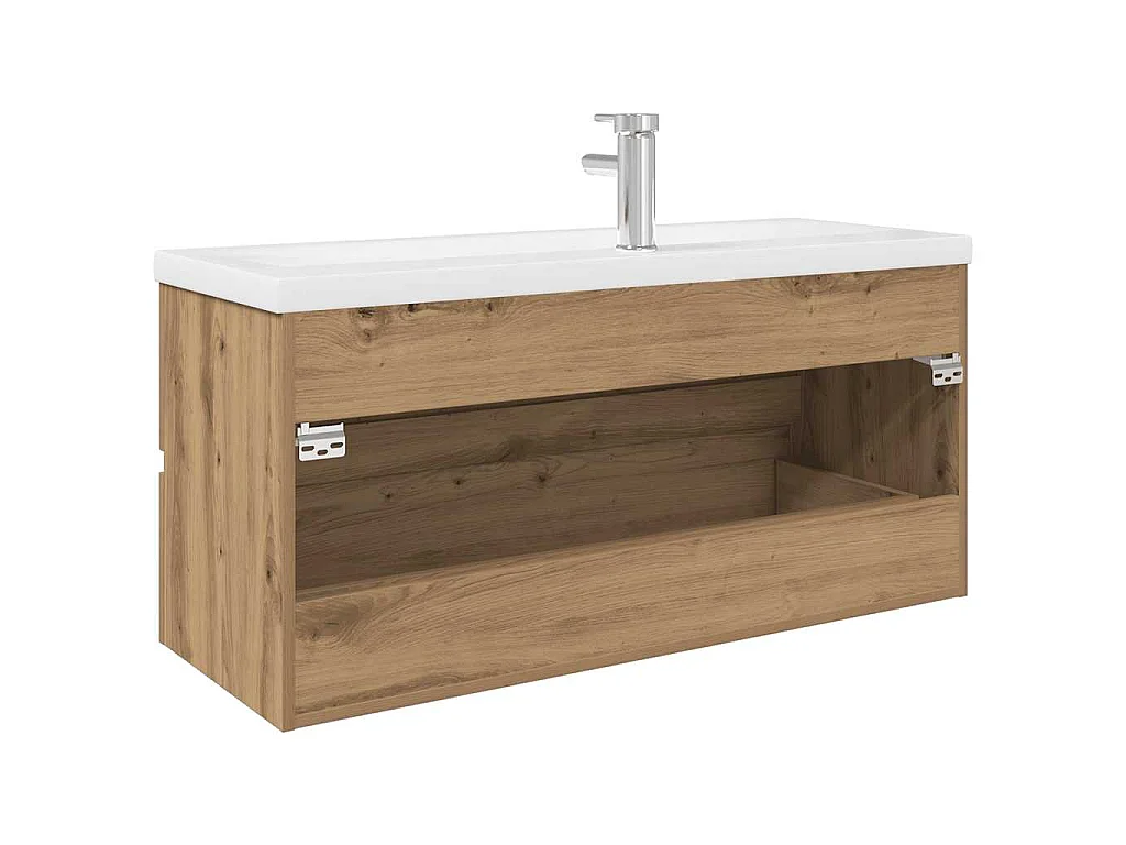 Meuble sous vasque avec bassin et robinet intégrés, chêne artisanal