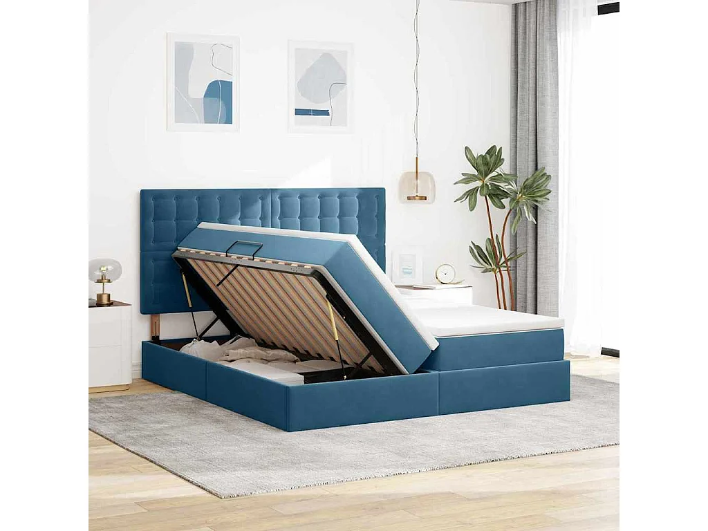 Cama con almacenamiento de terciopelo azul oscuro, para dormitorio, 180 × 200 cm
