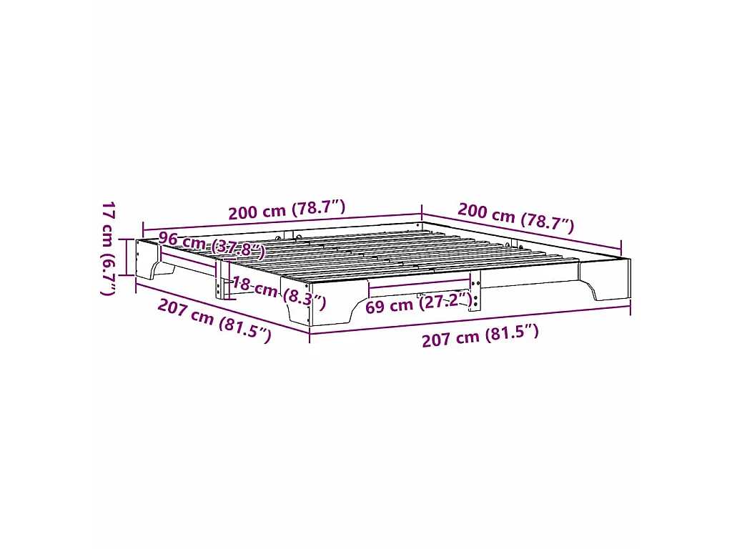 Cadre de lit naturel 200 x 200 cm pin massif