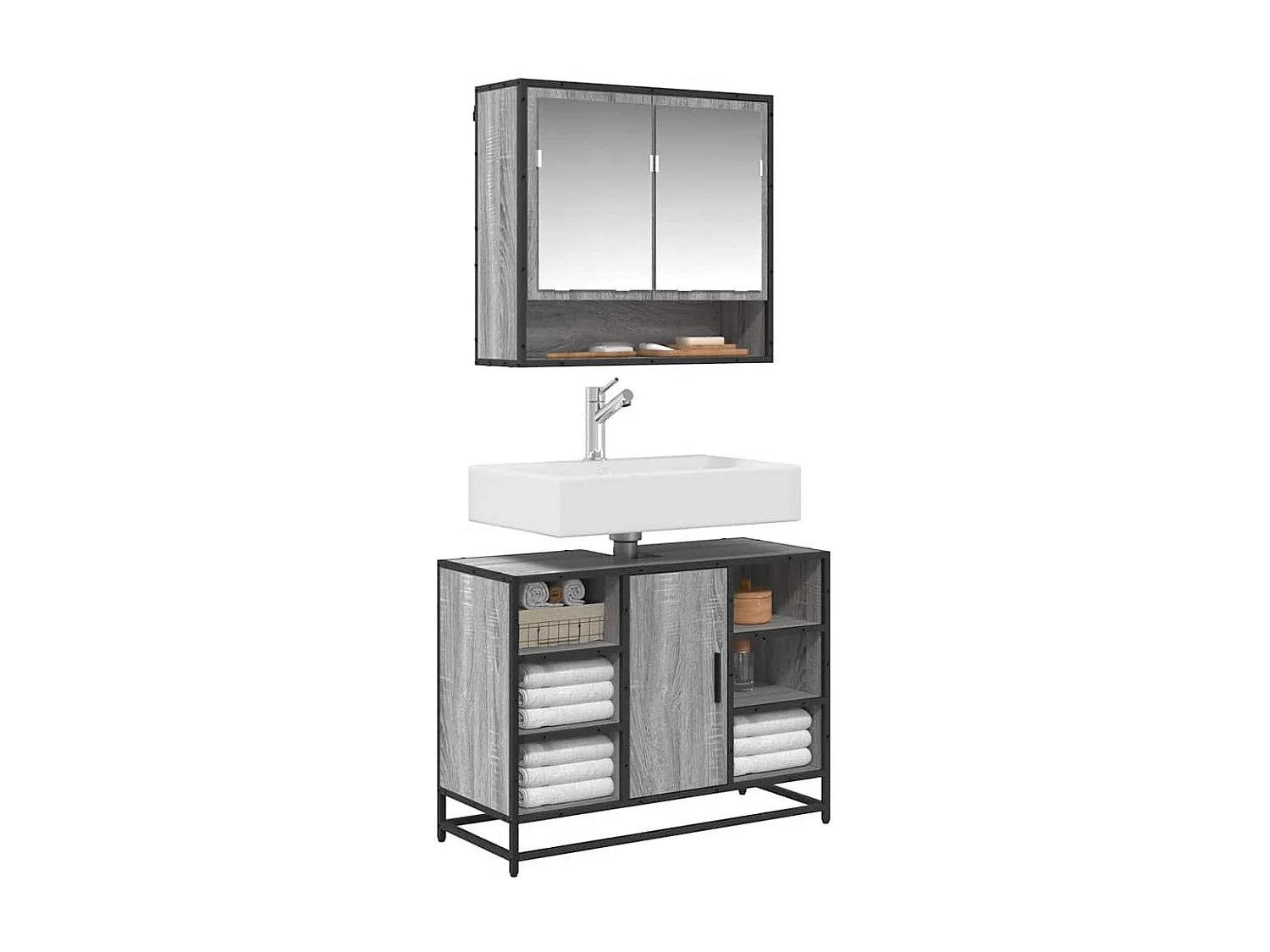 Armoire lavabo de salle de bain  gris bois d'ingénierie