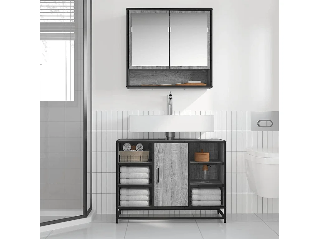Armoire lavabo de salle de bain  gris bois d'ingénierie