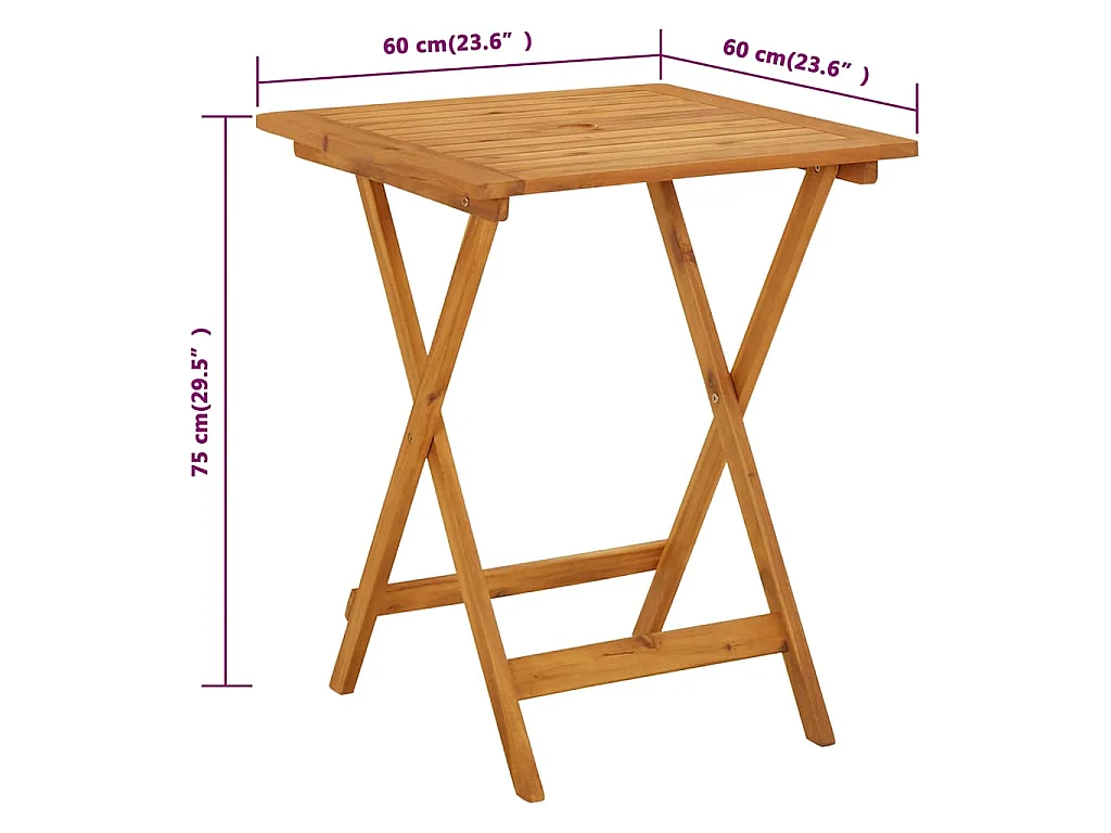 Table pliable 60 x 60 x 75 cm bois massif d'acacia