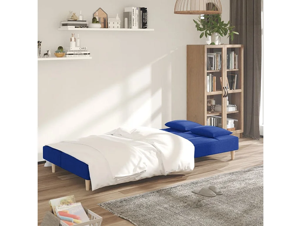 Sofá cama de 2 plazas con dos almohadas tela azul