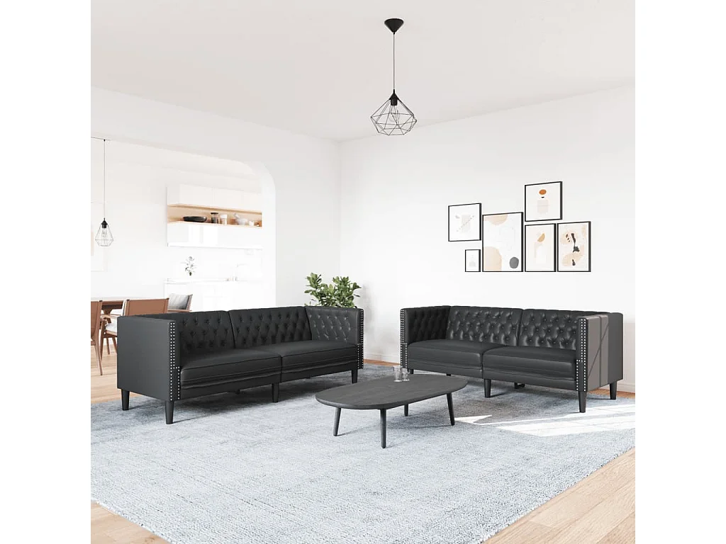 Juego de sofás Chesterfield 2 piezas cuero sintético negro
