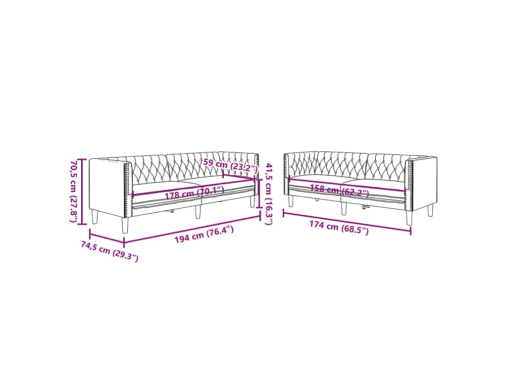 Conjunto de sofás Chesterfield de polipiel negro, 2 piezas