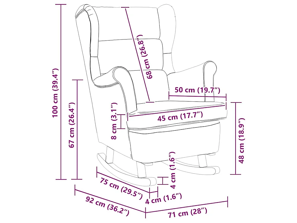 Silla mecedora de tela gris oscuro, 74 × 90 × 102 cm