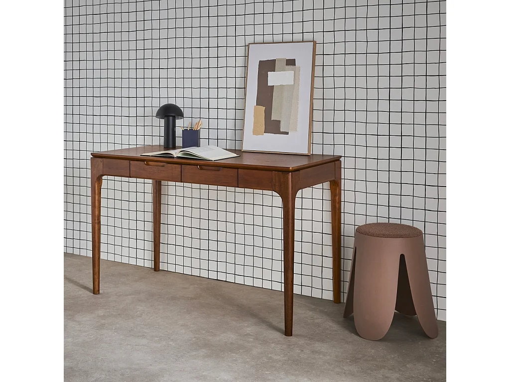 Bureau bois d'hévéa placage frêne 2 tiroirs noyer - L 120 x l 60 x H 76 cm - Alienor