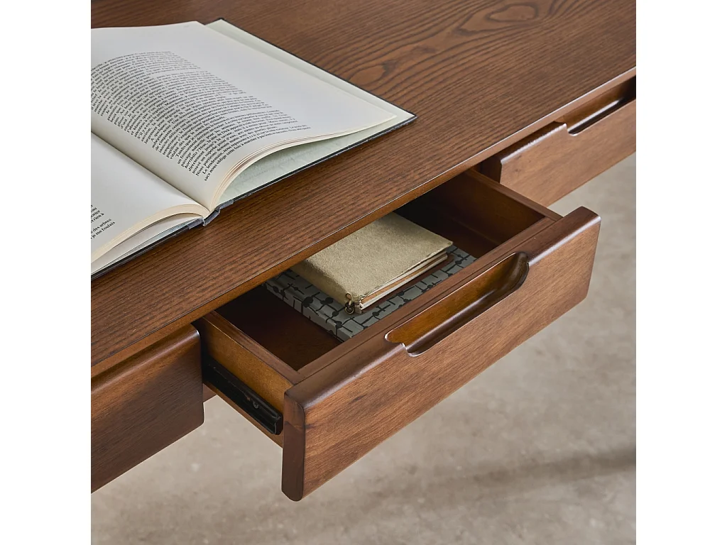 Bureau bois d'hévéa placage frêne 2 tiroirs noyer - L 120 x l 60 x H 76 cm - Alienor