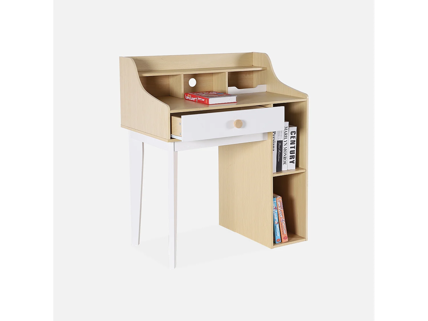 Escritorio infantil con cajón y estantes blanco y natural