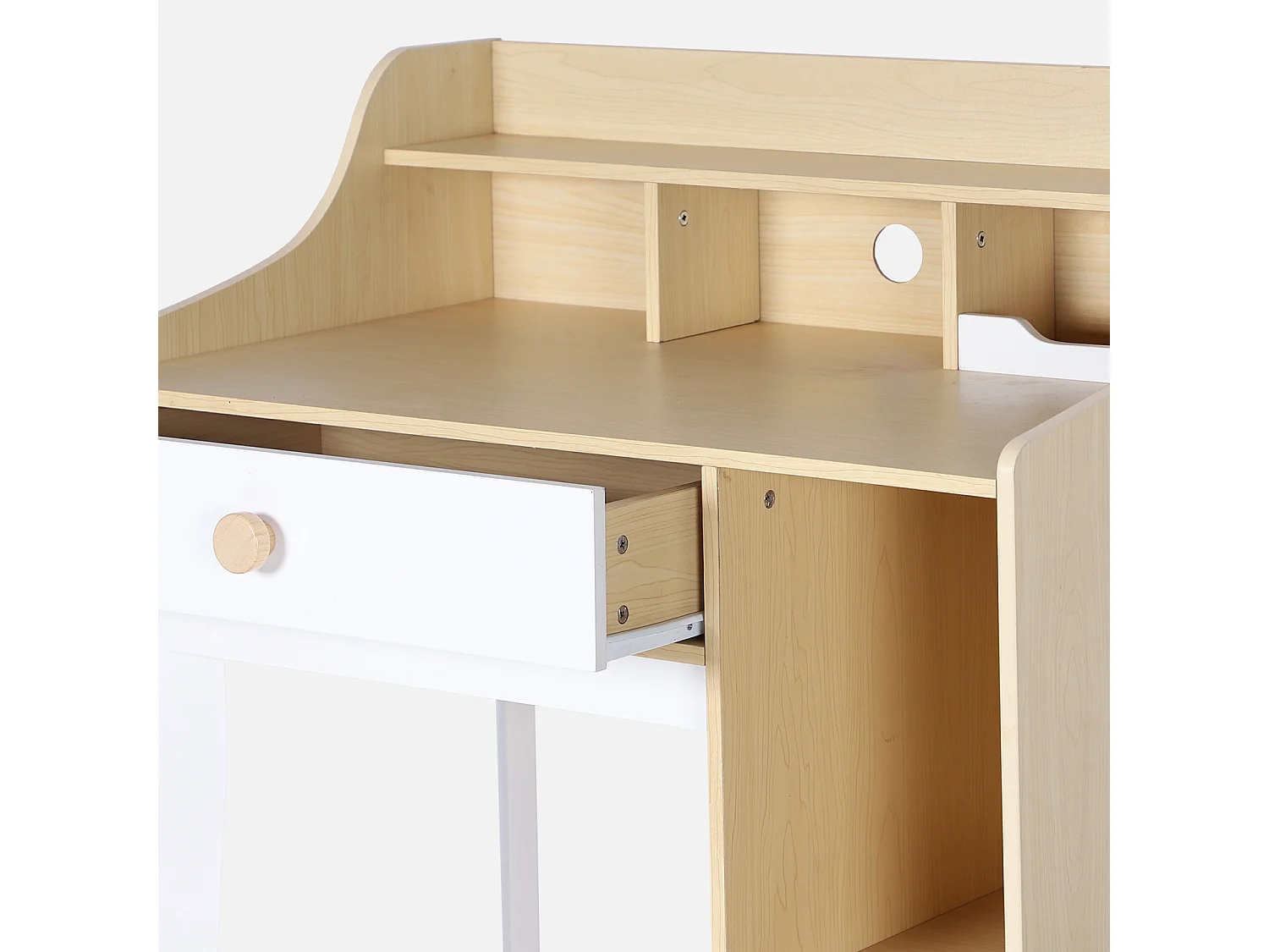 Escritorio infantil con cajón y estantes blanco y natural