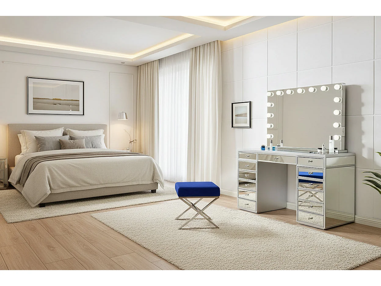 Coiffeuse miroir avec LED et tiroirs - finition miroir 130 cm