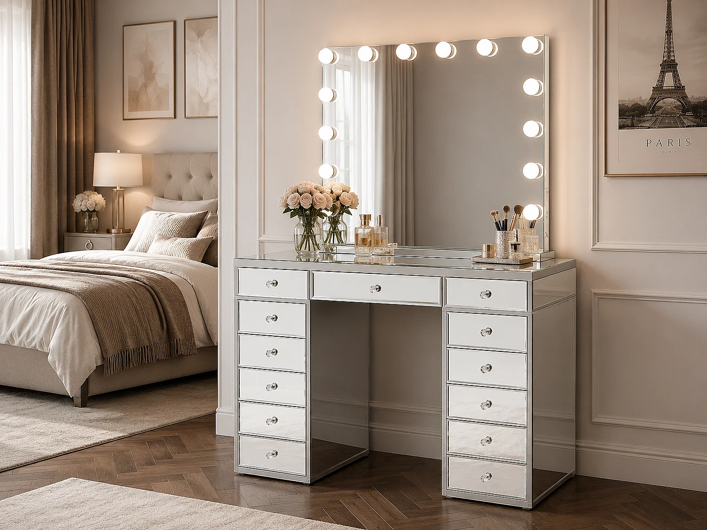 Coiffeuse miroir avec LED et tiroirs - finition miroir 130 cm