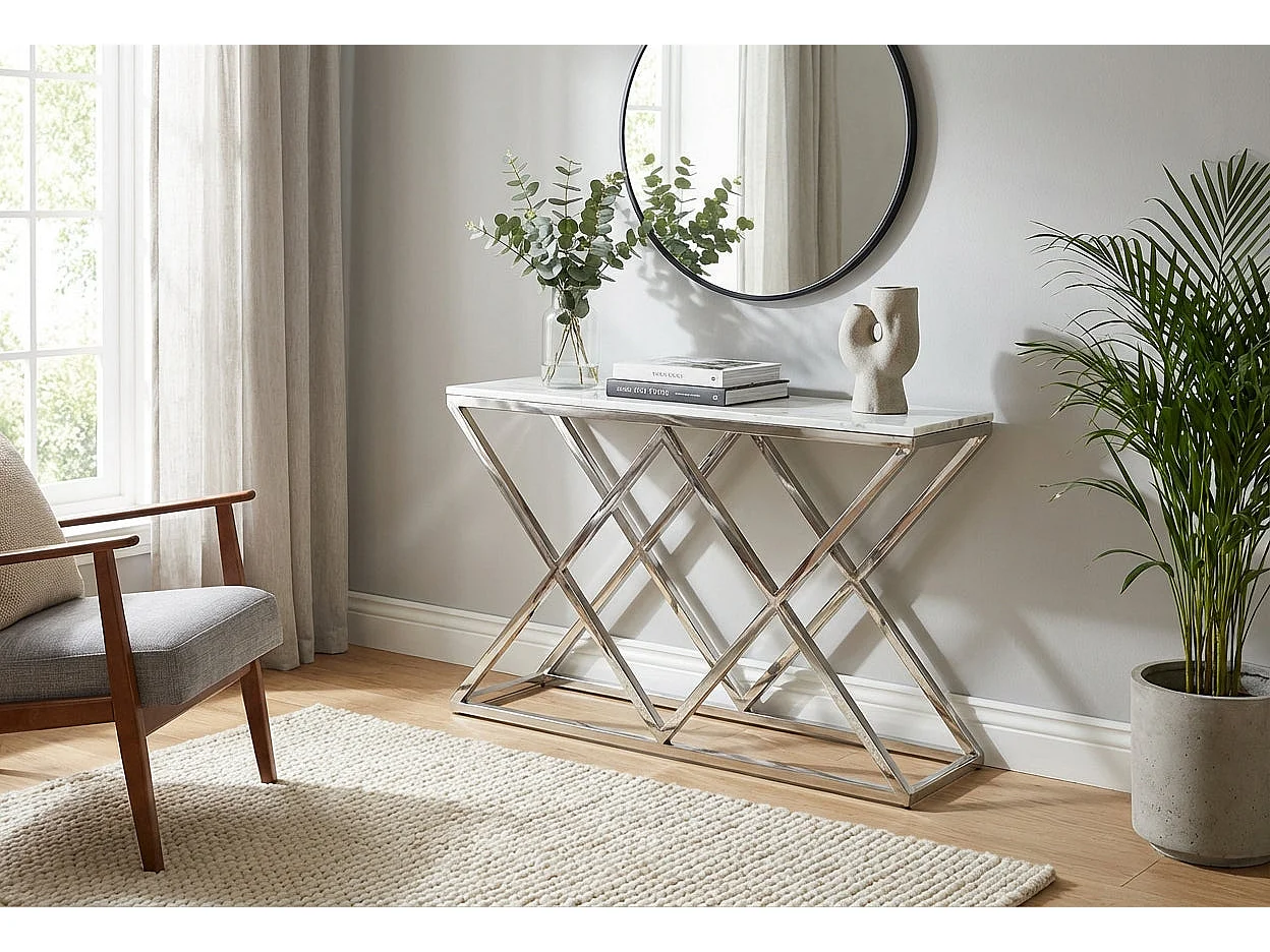 Console métal chrome base triangulaire plateau effet marbre 120 cm TRIANGLE