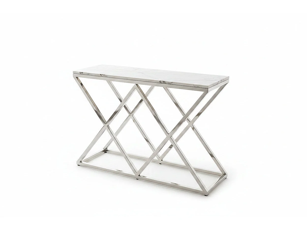 Console métal chrome base triangulaire plateau effet marbre 120 cm TRIANGLE