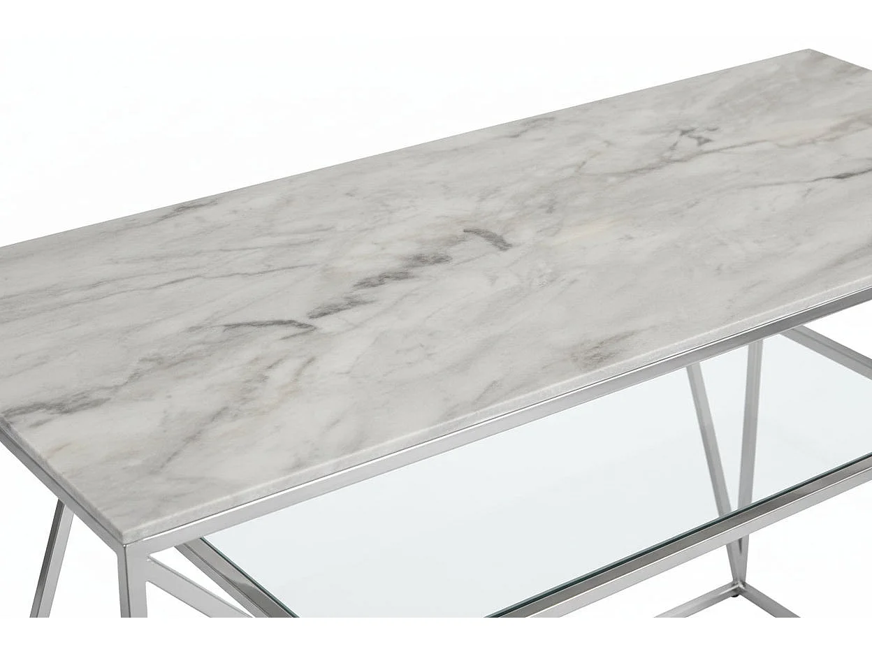 Console métal chrome plateau verre effet marbré blanc 120x40x78 cm CHERYL