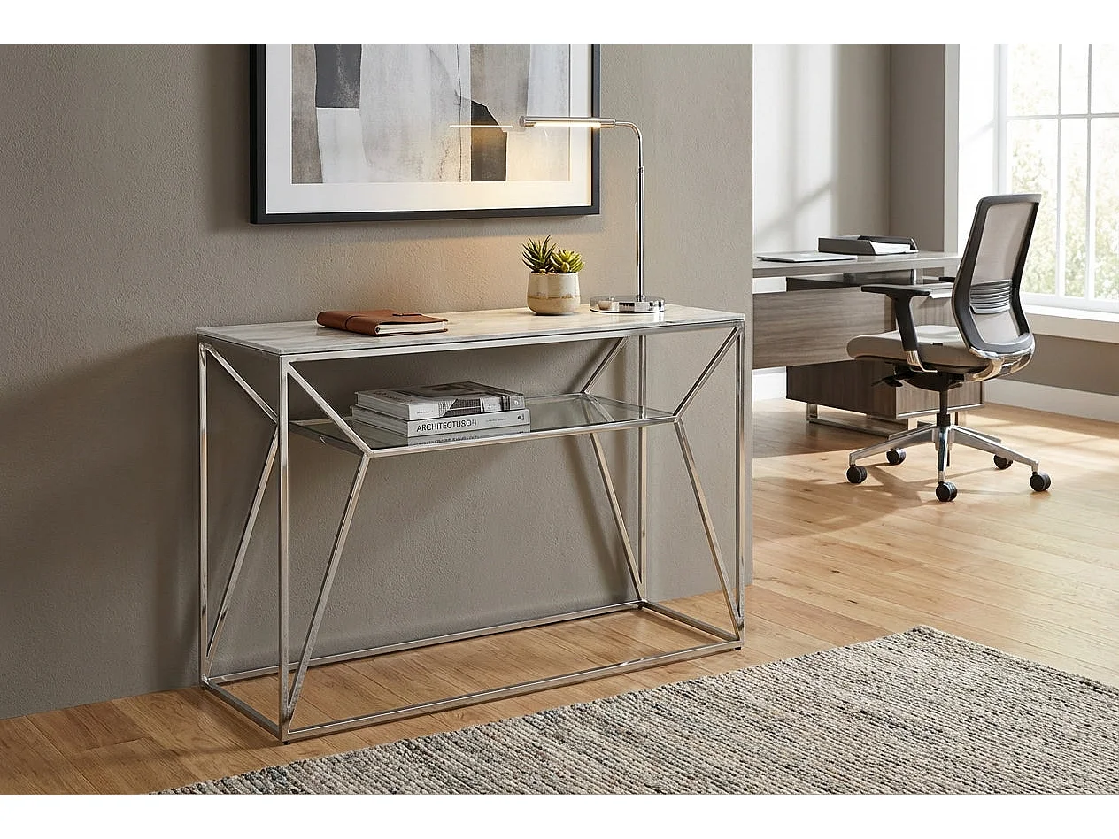 Console métal chrome plateau verre effet marbré blanc 120x40x78 cm CHERYL