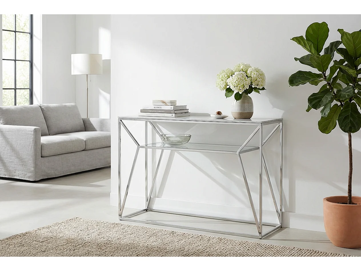 Console métal chrome plateau verre effet marbré blanc 120x40x78 cm CHERYL