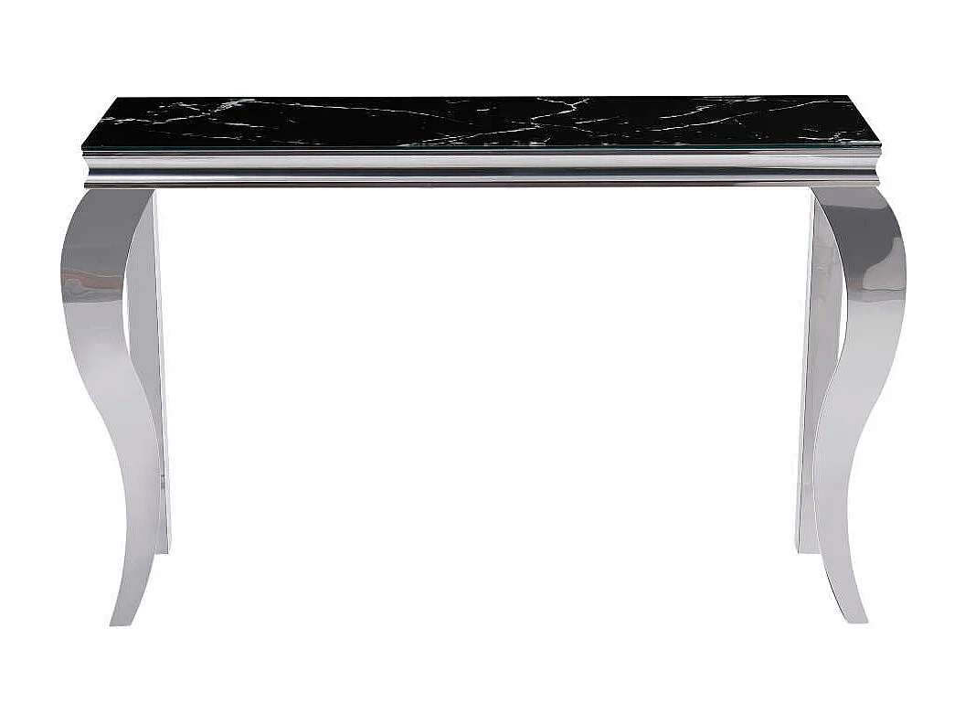Console métal chrome plateau verre trempé effet marbre noir 120cm BAROQUE
