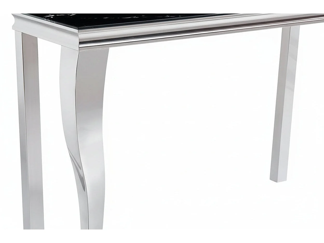 Console métal chrome plateau verre trempé effet marbre noir 120cm BAROQUE