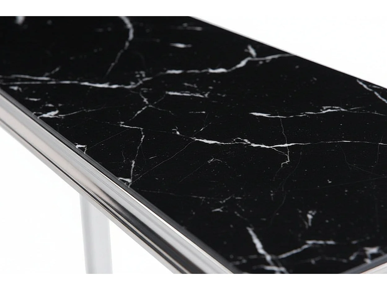 Console métal chrome plateau verre trempé effet marbre noir 120cm BAROQUE