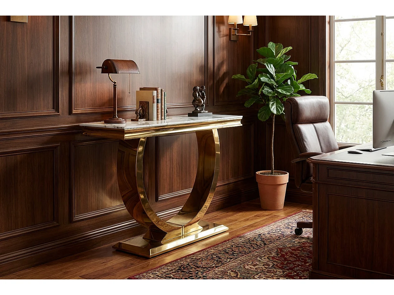 Console métal gold plateau effet marbre blanc 120x40x78 cm OMEGA