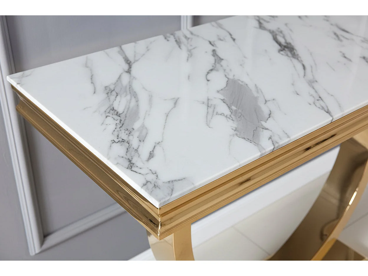 Console métal gold plateau effet marbre blanc 120x40x78 cm OMEGA