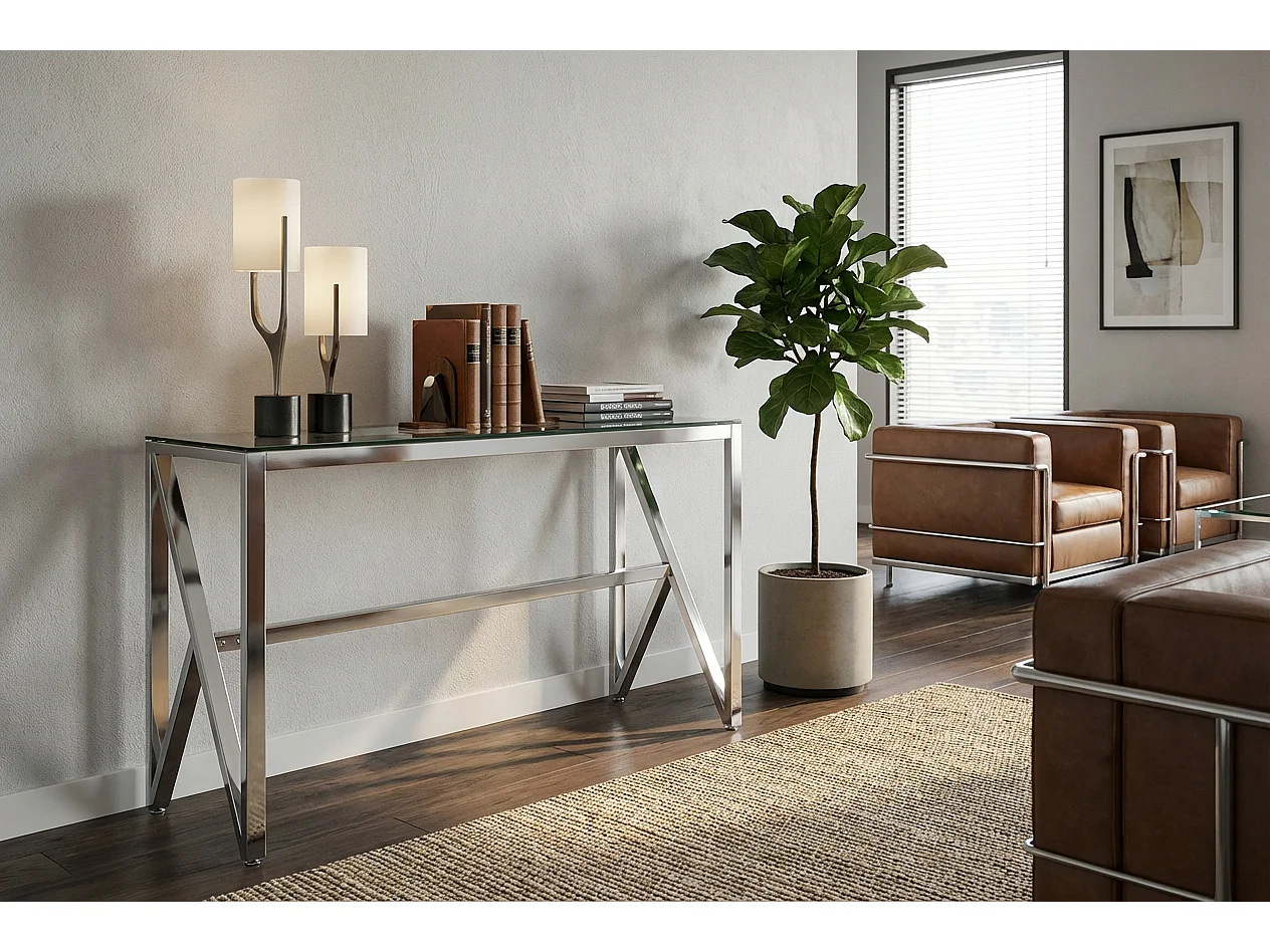 Console métal chrome verre transparent 120x40x78 cm MAJESTIQUE