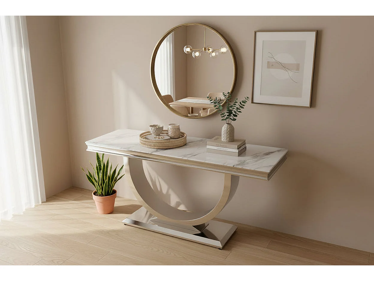 Console en métal chromé plateau effet marbre 120 cm OMEGA