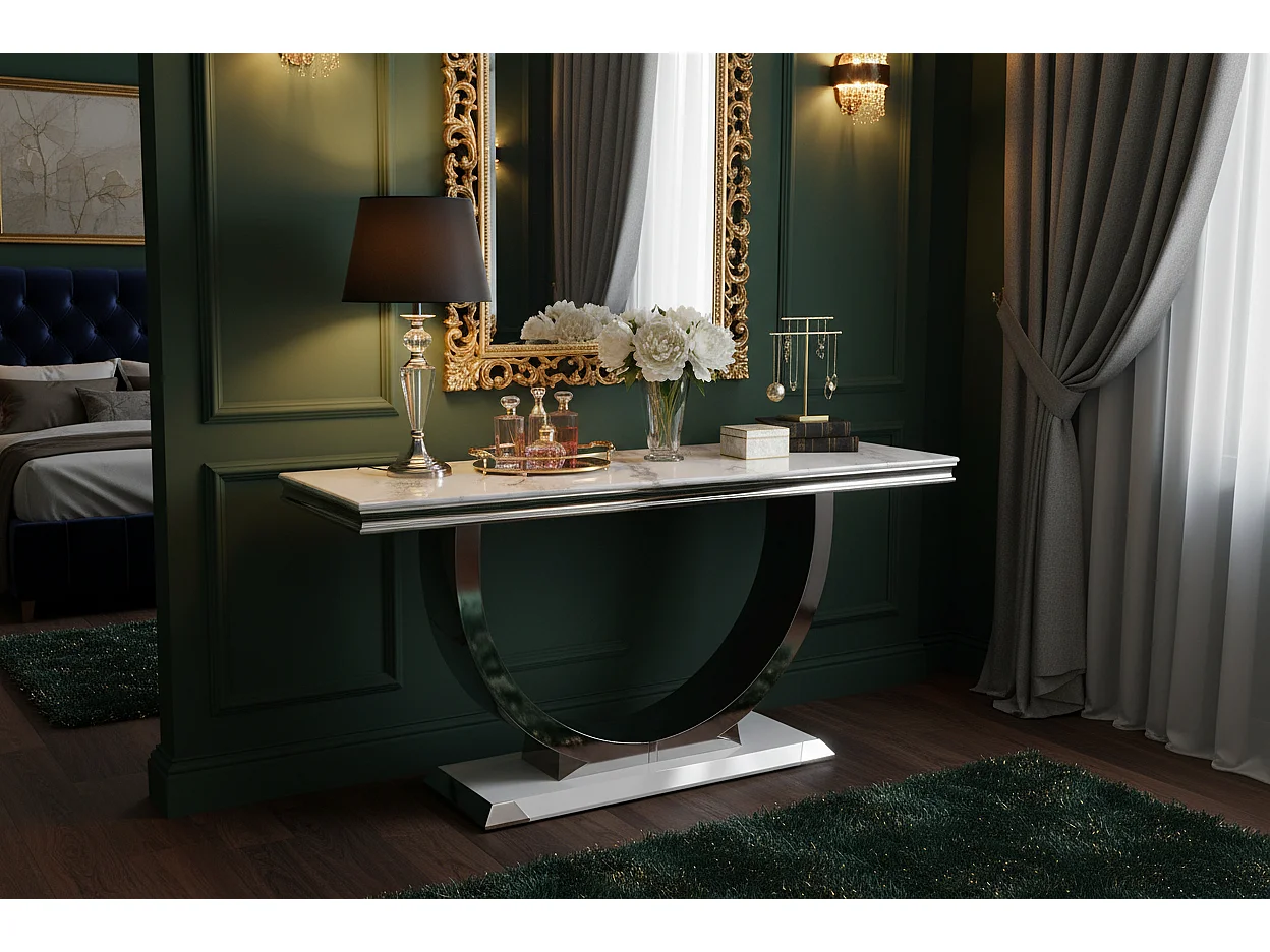 Console en métal chromé plateau effet marbre 120 cm OMEGA
