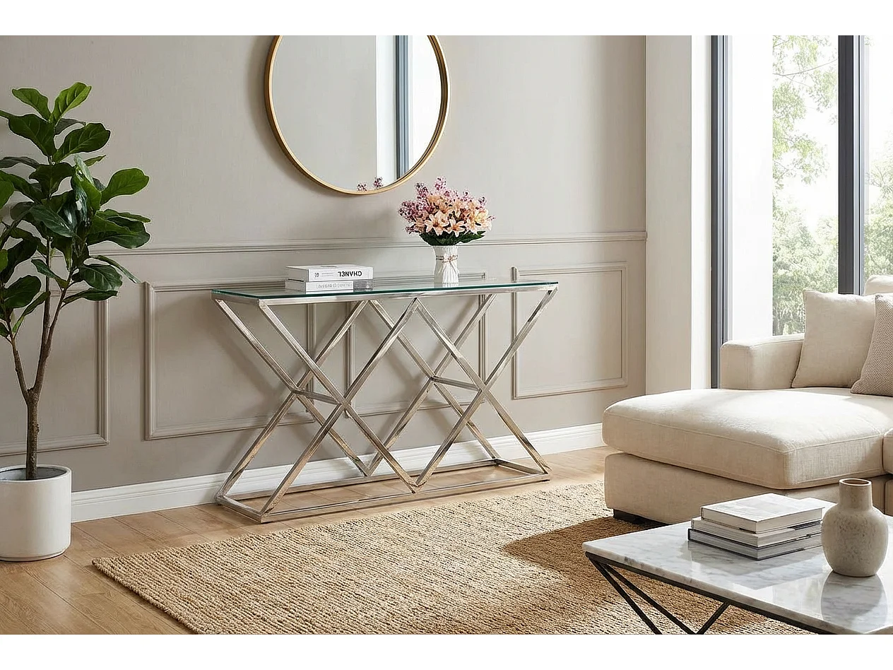 Console chrome plateau transparent 120x40 cm TRIANGLE