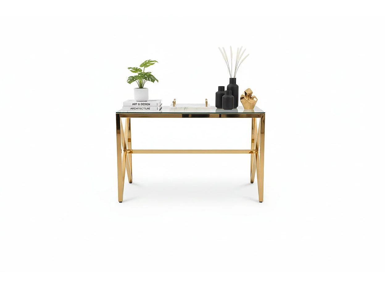 Console métal doré lignes cintrées plateau verre transparent 120cm MAJESTIQUE