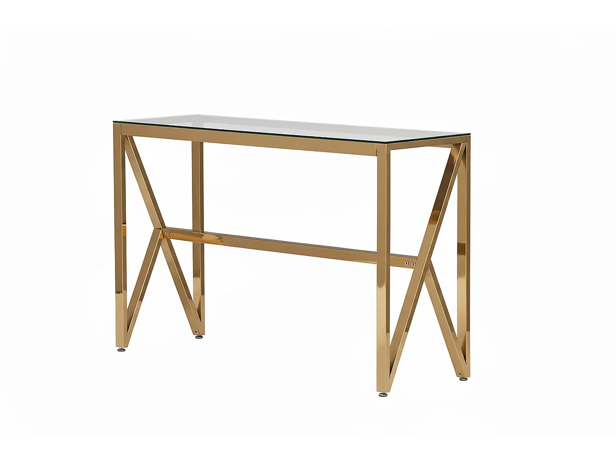 Console métal doré lignes cintrées plateau verre transparent 120cm MAJESTIQUE