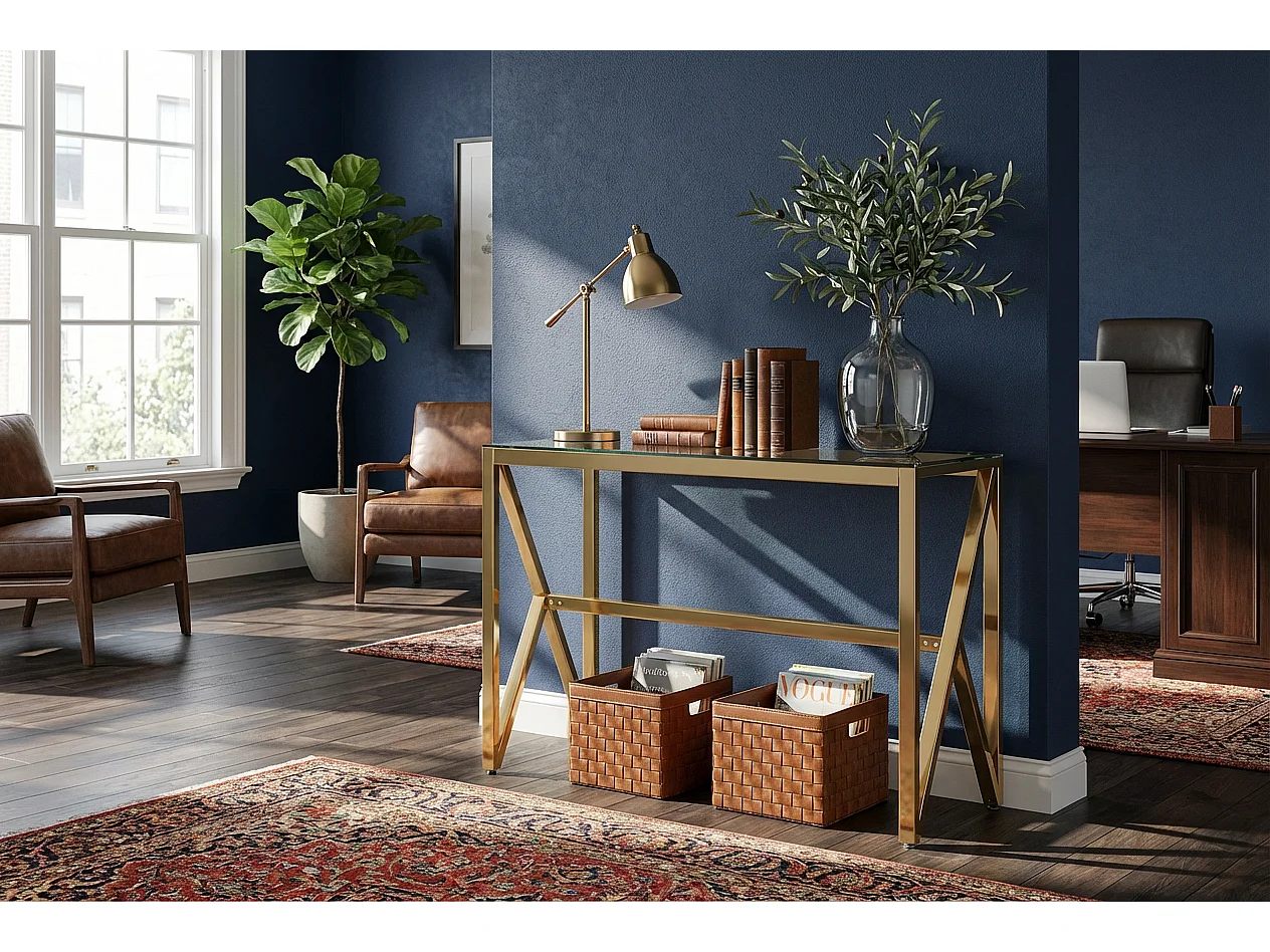 Console métal doré lignes cintrées plateau verre transparent 120cm MAJESTIQUE