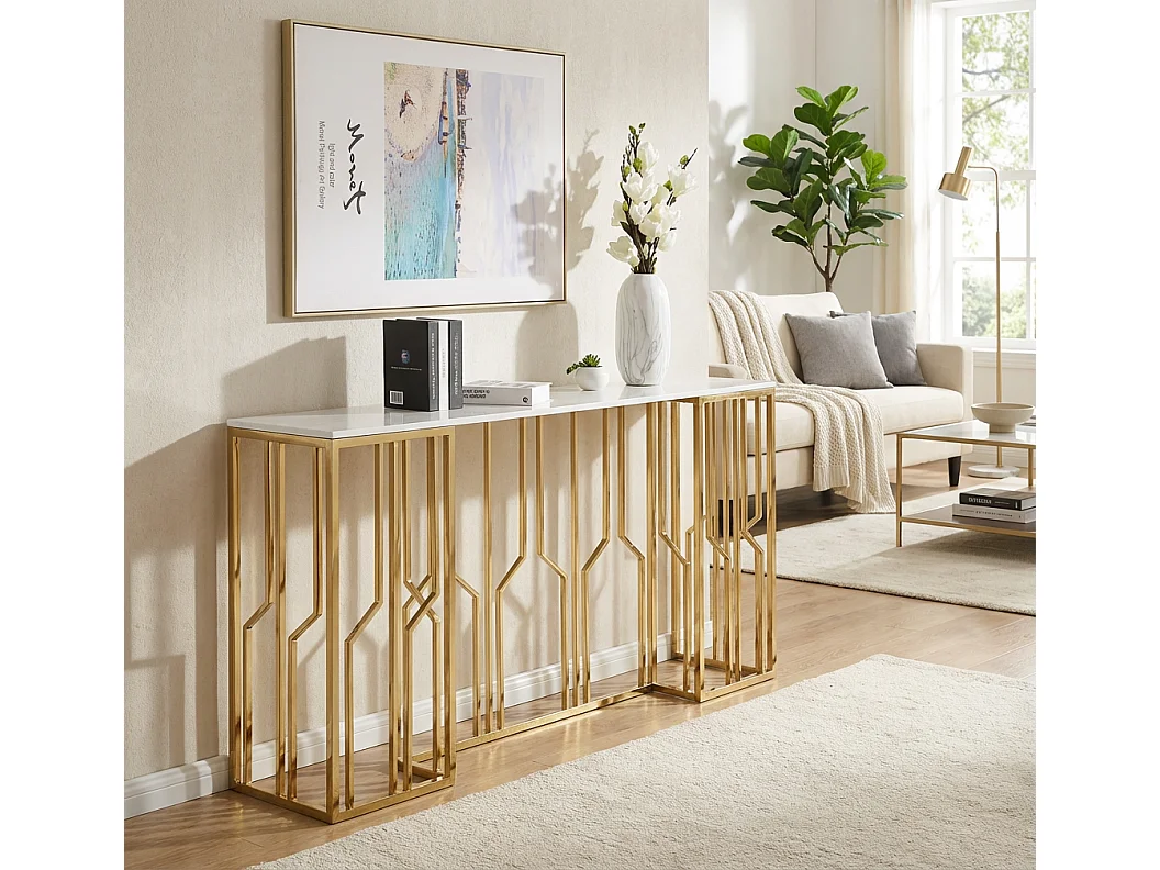 Console effet marbre blanc structure métal dore 120x40x78 cm PORTOFINO