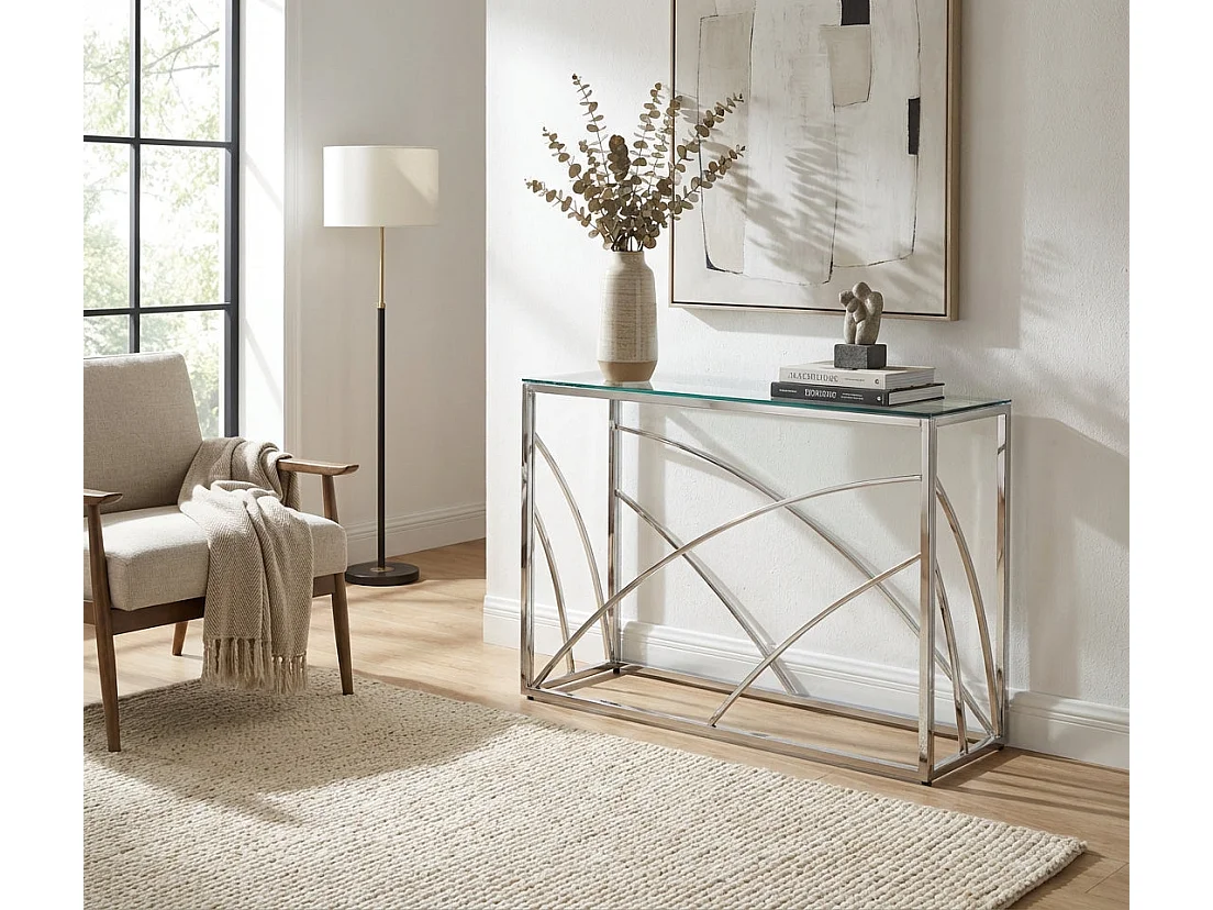 Console métal chrome plateau verre transparent 120x40x78 cm CALVIN